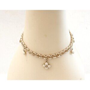 Betsey Johnson Women's White Enamel Flower Heart Charm Gold Tone Necklace Choker